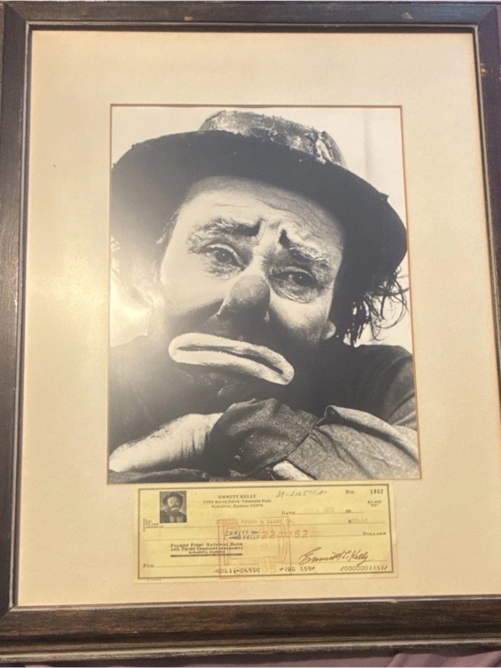 Framed and signed EMMETT KELLY Monochrome Clown Portrait Print in Brown Frame